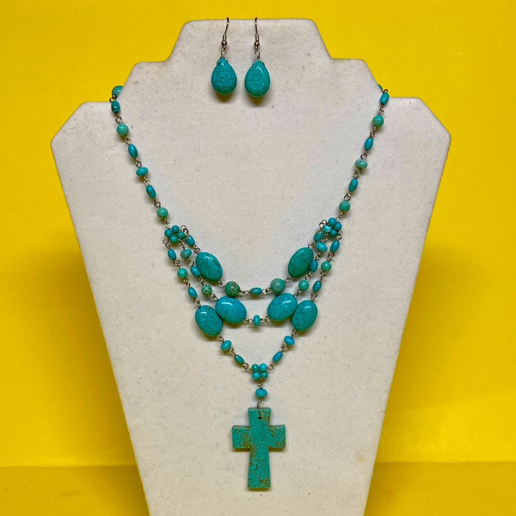 Adjustable Turquoise, Cross, And Bead Necklace With Earrings